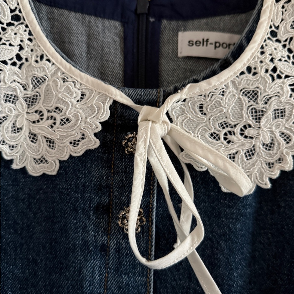 Self-Portrait denim Mini Dress with White Lace Collar size 2 - Picture 6 of 10
